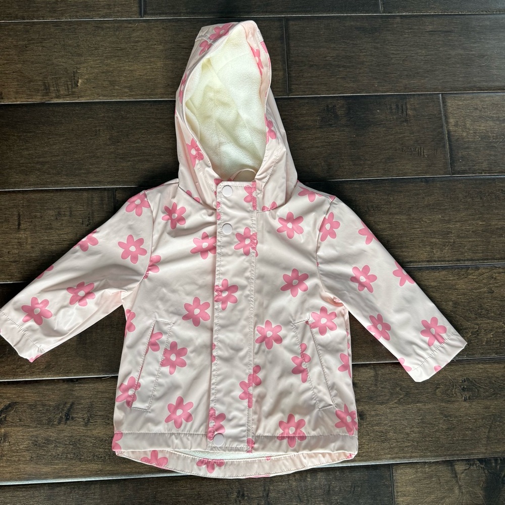 💜3/$15 Primark Baby Girl Pink Floral Hooded Raincoat – Fleece Lined - 6-9M